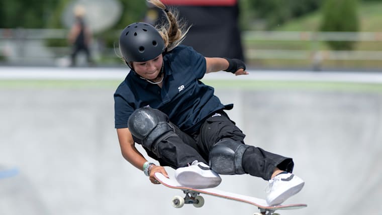 Sky Brown competing in women's skateboarding park preliminaries at OQS Budapest