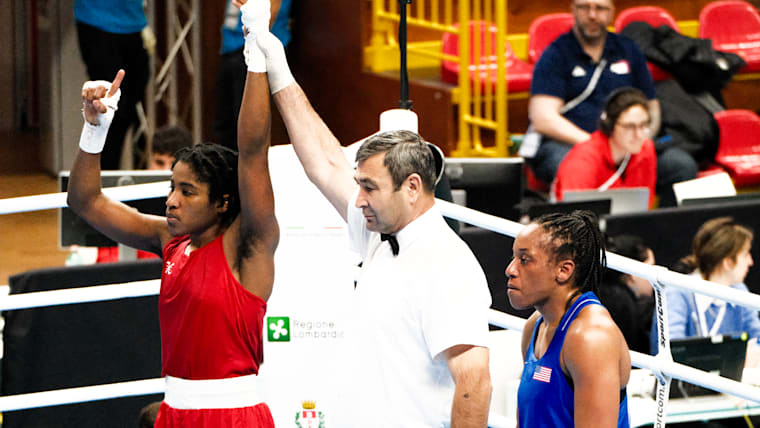 Boxer Cindy Ngamba celebrates victory over USA's Naomi Graham on Day 4 of the 1st World Qualification Tournament
