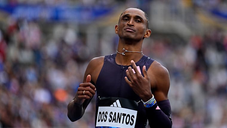 Alison Dos Santos of Brazil reacts after winning the 400m Hurdles Men during the Paris 2024 Diamond League at Stade Charlety on July 07, 2024 in Paris, France.