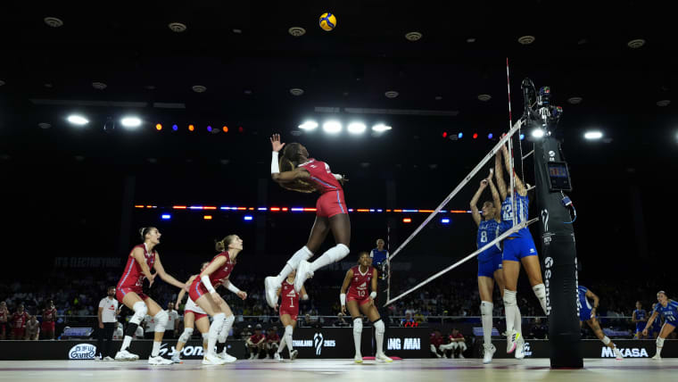 French volleyball player Iman Ndiaye attacking against Greece at the World Championships