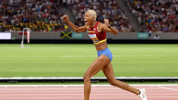 Gold medalist Yulimar Rojas of Team Venezuela celebrates after winning in the Women's Triple Jump Final during day seven of the World Athletics Championships Budapest 2023 at National Athletics Centre on August 25, 2023 in Budapest, Hungary.