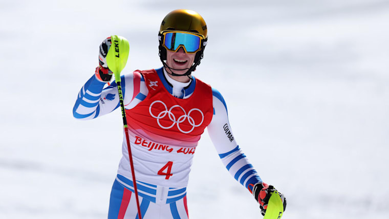 Clement Noel of France reacts after his second run in the men's slalom