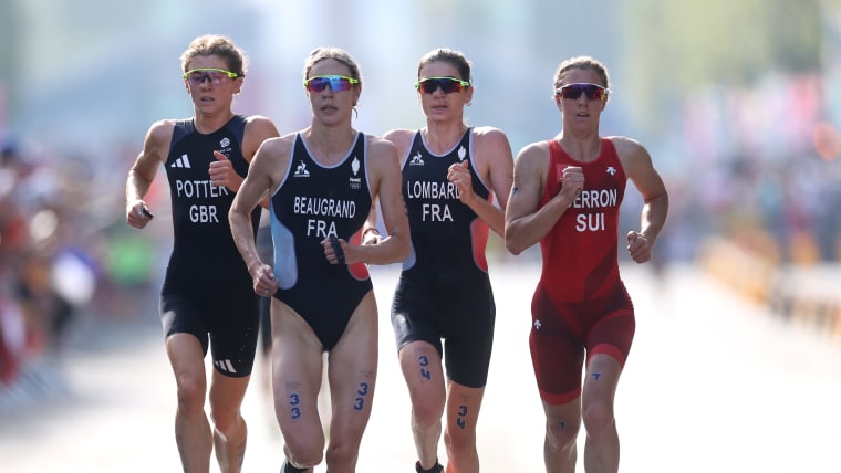 (L-R) Beth Potter of Team GB, Cassandre Beaugrand and Emma Lombardi of Team France and Julie Derron of Team Switzerland compete at Paris 2024