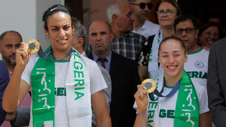 Imane Khelif and Kaylia Nemour were welcomed back by enthusiastic Algerian fans after winning gold at Paris 2024.