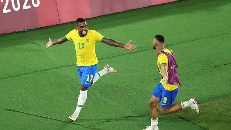Malcom #17 of Team Brazil celebrates after scoring their side's second goal during the Men's Gold Medal Match between Brazil and Spain on day fifteen of the Tokyo 2020 Olympic Games.