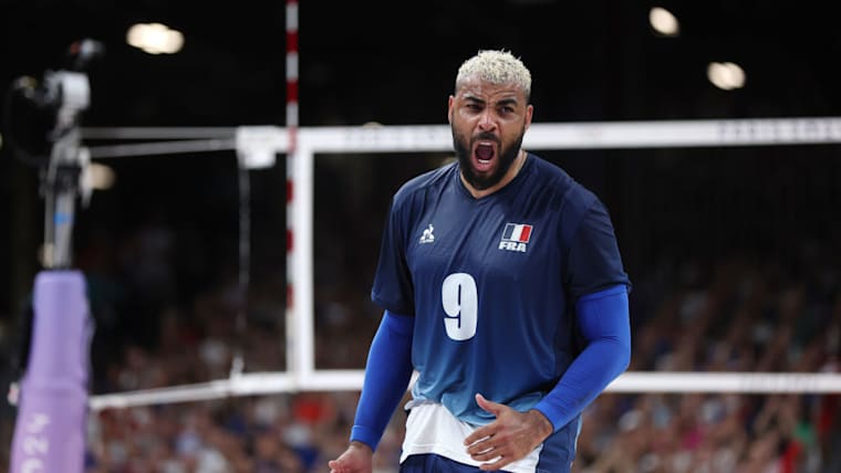 Earvin Ngapeth of Team France reacts during a Men's Semifinals match against Team Italy at the Olympic Games Paris 2024