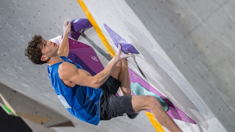 Mejdi Schalck (FRA) competes in Boulder during the World Climbing Series