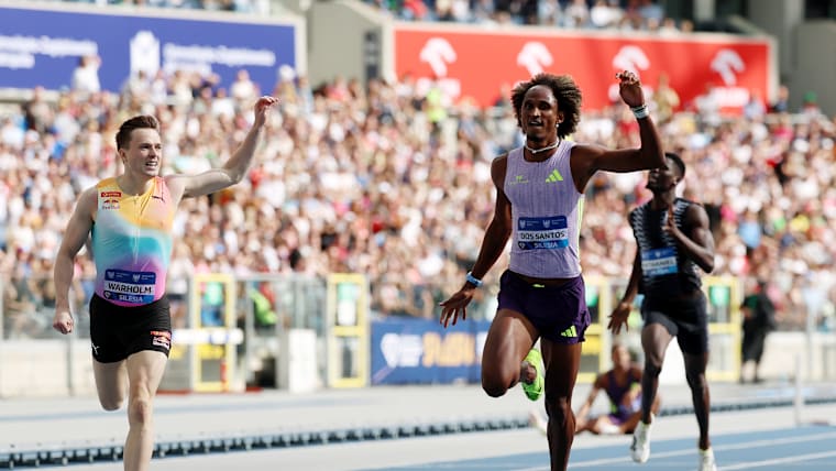 Alison dos Santos of Team Brazil beat Karsten Warholm in the Men's 400m Hurdles at the Kamila Skolimowska Memorial, part of the 2026 Wanda Diamond League at Slaski Stadium on August 23, 2026 in Chorzow, Poland. 