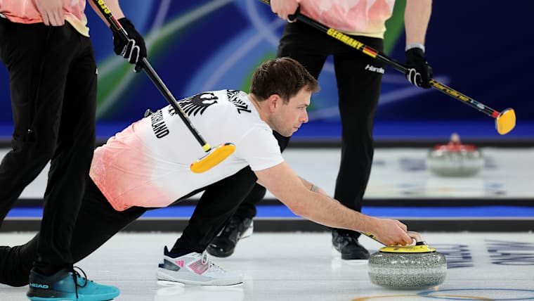Marc Muskatewitz of Team Germany competes during the Men's Round Robin match between Team Sweden and Team Germany on day ten of the Milano Cortina 2026 Winter Olympic Games 