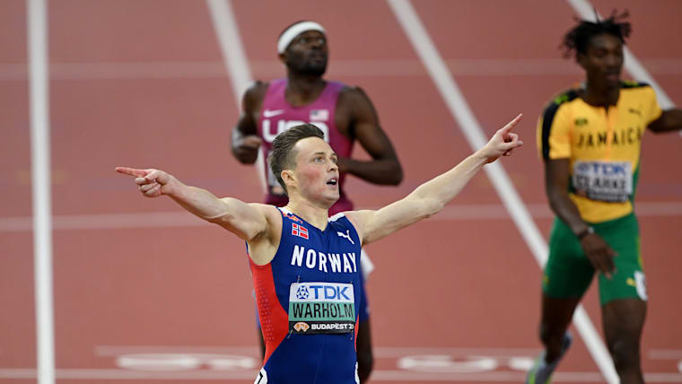 Karsten Warholm celebrating winning at the 2023 World Athletics Championships