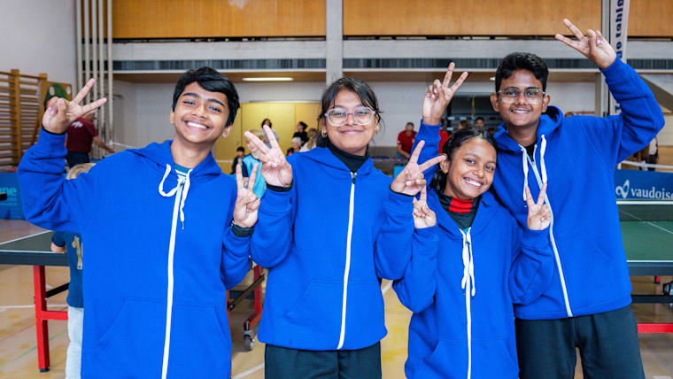 Students from Assam, India (left to right: Kaustav, Madhusmita, Sneha and Ratul) participating in Olympic Week 2024 during their first visit to Lausanne, Switzerland.