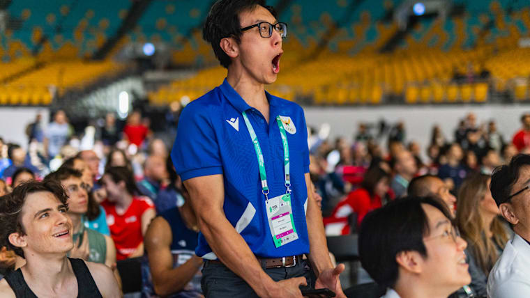 Albert Ok reacts during men’s speed competition at the IFSC Para Climbing World Championships Seoul 2025