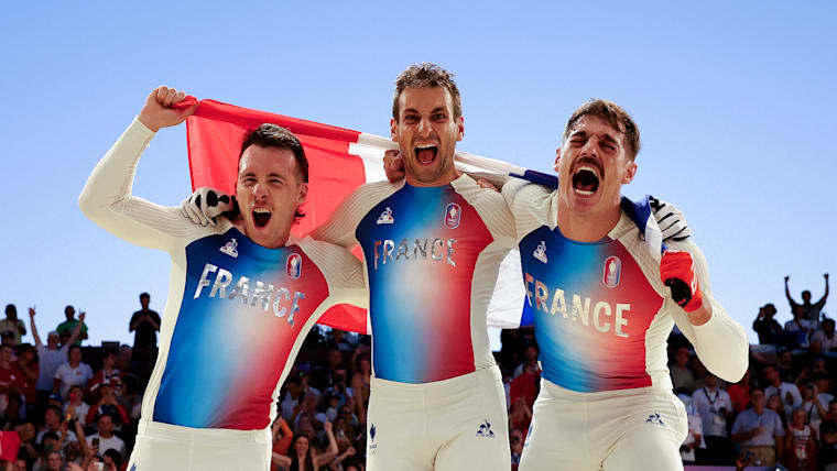 France BMX Racing's Romain Mahieu, Joris Daudet, Sylvain Andre (left to right) at Paris 2024.