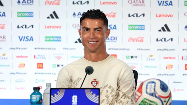 Cristiano Ronaldo of Portugal speaks to the media during the press conference of their game against Spain at Dallas Stadium on July 05, 2026 in Arlington, Texas. 