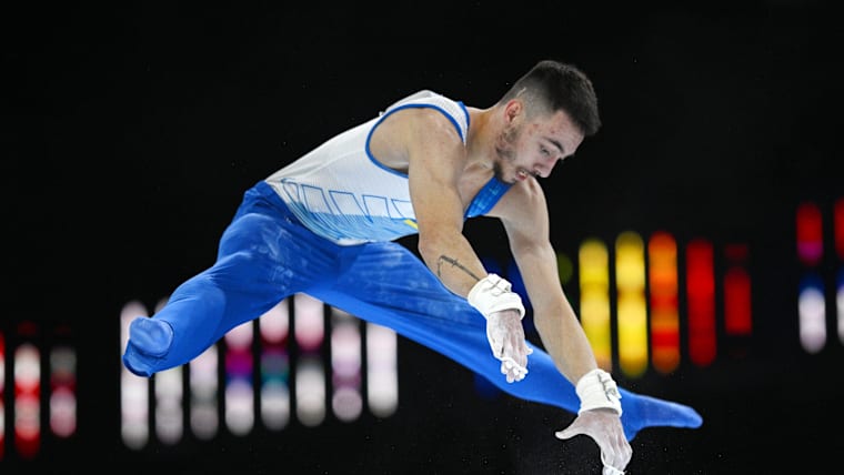 Nazar Chepurnyi of Team Ukraine competes on horizontal bar during men's qualifications at the FIG Artistic Gymnastics World Championships 2023 in Antwerp, Belgium