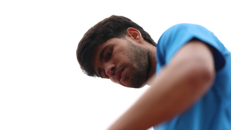 Carlos Alcaraz of Spain reacts against Jannik Sinner of Italy during the Men's Singles Final during day eight of the Rolex Monte-Carlo Masters at Monte-Carlo Country Club on April 12, 2026 in Monte-Carlo, Monaco.