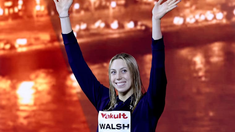 Gretchen Walsh of the United States after winning the women's 100m butterfly final at the 2024 World Aquatics Swimming Championships (25m).