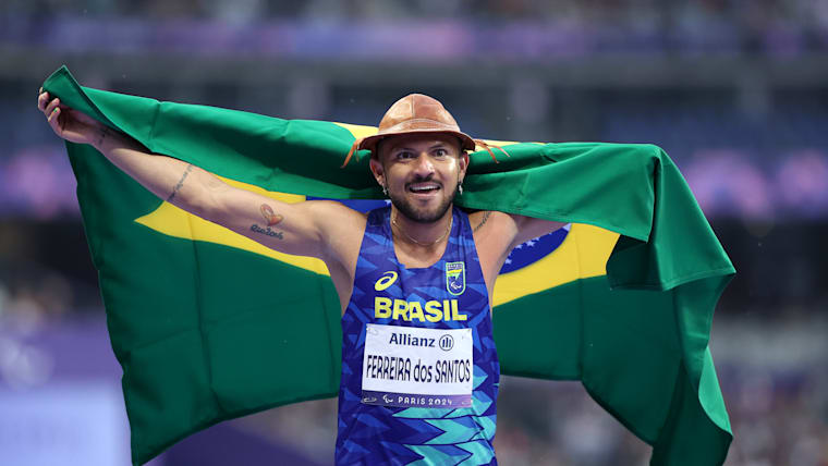 Petrucio Ferreira dos Santos of Team Brazil celebrates after winning the men's 100m T47 final at the Paris 2024 Summer Paralympic Games