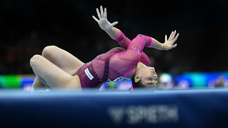 Manila Esposito of Team Italy competes in floor exercise during the women's all-around final at the 2025 European Artistic Gymnastics Championships in Leipzig, Germany