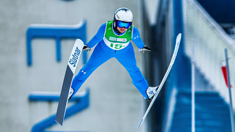 Ajda Kosnjek (SLO) in action in the Ski Jumping Women's Normal Hill Individual at the Alpensia Ski Jumping Centre at the Gangwon 2024 Winter Youth Olympic Games.
