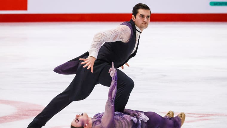 Marie-Jade Lauriault and Romain Le Gac perform their Corpse Bride skate at the the 2024 Canadian National Figure Skating Championships.