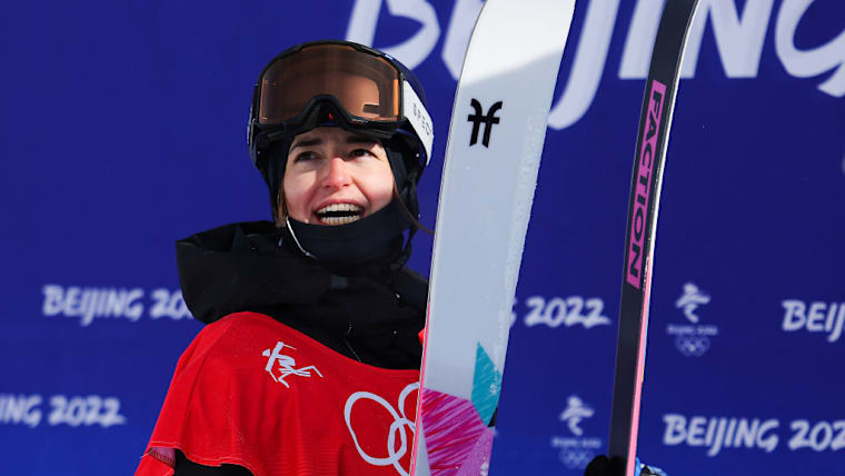 Mathilde Gremaud of Switzerland reacts after her run during the women's freestyle skiing freeski slopestyle final