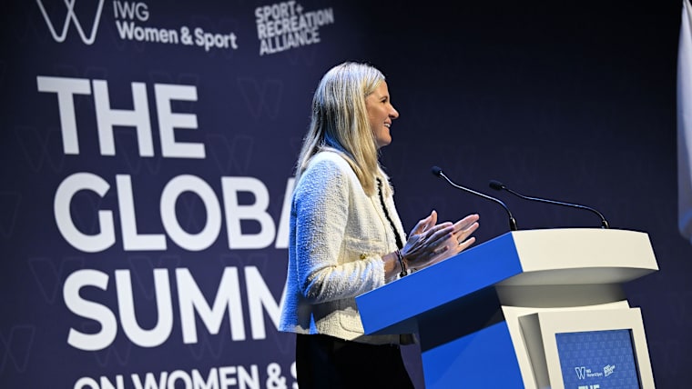 President of the IOC Kirsty Coventry speaks on Day 1 of the IWG Global Summit On Women And Sport 2026 at International Convention Centre on July 9, 2026 in Birmingham, England. 