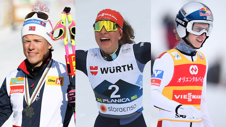 (From left to right) Cross-country skiier Johannes Hoesflot Klaebo, nordic combined athlete Nathalie Armbruster and ski jumper Daniel Tschofenig. 