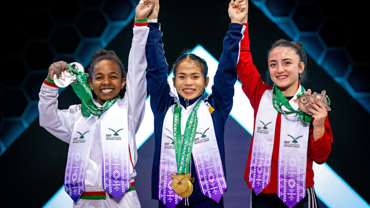 Podium of the 45kg weight category at the Weightlifting World Championships