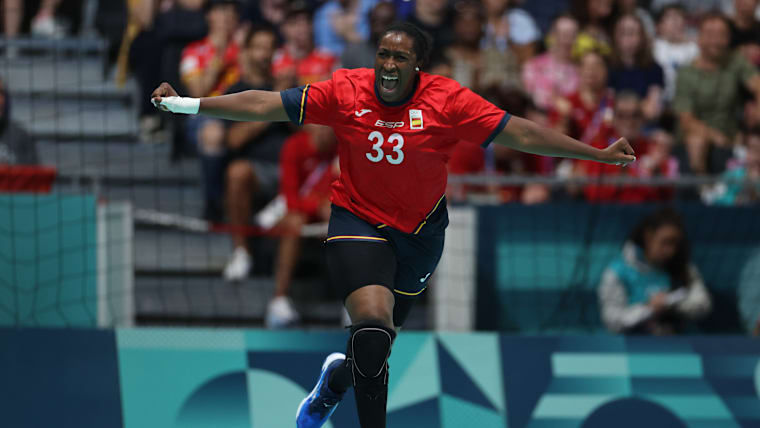 Kaba Gassama #33 of Team Spain reacts during the Women’s Preliminary Round - Group B match between Team Spain and Team Hungary on day six of the Olympic Games Paris 2024 at South Paris Arena on August 01, 2024 in Par