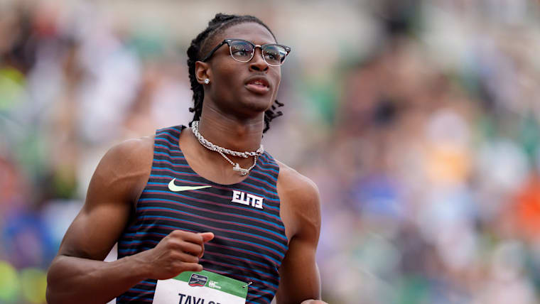 Tate Taylor wins the men’s 100-meter dash during the USATF U20 Championships