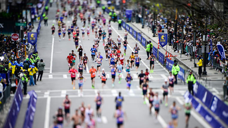 Runners cross the finish line during the 130th Boston Marathon on April 20, 2026 in Boston, Massachusetts. [Jaiden Tripi/Getty Images]