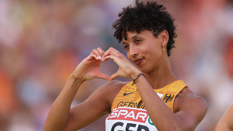 Malaika Mihambo of Team Germany reacts during the women's long jump final at the European Athletics Team Championships in June 2025 in Madrid, Spain