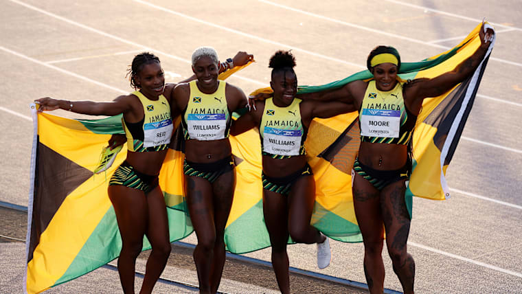 Alana Reid, Jodean Williams, Lavanya Williams and Ashanti Moore (JAM) pose for a photo at the Glasgow 2026 Commonwealth Games