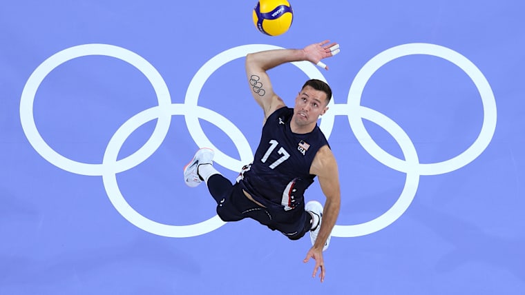 Thomas Jaeschke #17 of Team United States serves the ball during a Men's Semifinals match against Team Poland on day twelve of the Olympic Games Paris 2024 at Paris Arena on August 07, 2024 in Paris, France.