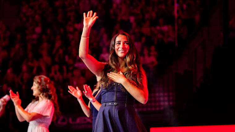 Three-time Olympic champion Aly Raisman is honoured prior to the start of the final day of competition at the 2024 U.S. Olympic Team Trials