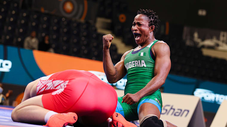 Nigerian wrestler Blessing Oborududu celebrates victory