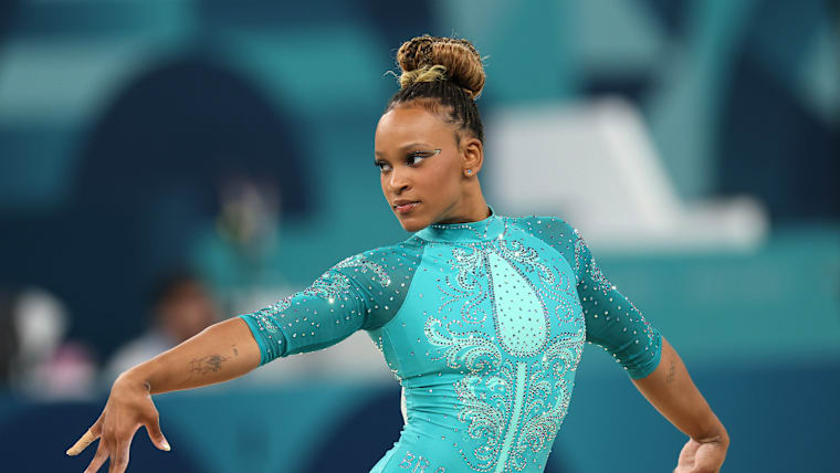 Rebeca Andrade of Team Brazil competes in the artistic gymnastics women's floor exercise final at the Paris 2024 Olympic Games  