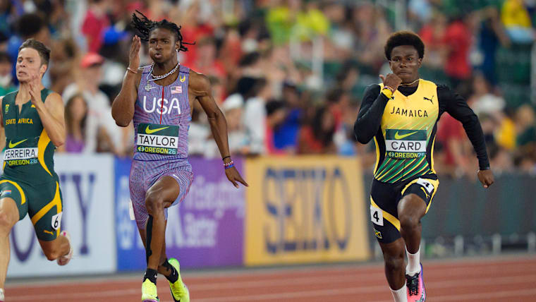 Jamaica’s Gary Card, right, on the second day of the 2026 World Athletics U20 Championships