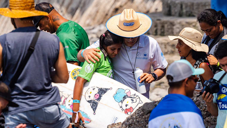 El Salvador's Tiara Ramos after her first-round heat in the 2023 ISA World Surfing Games