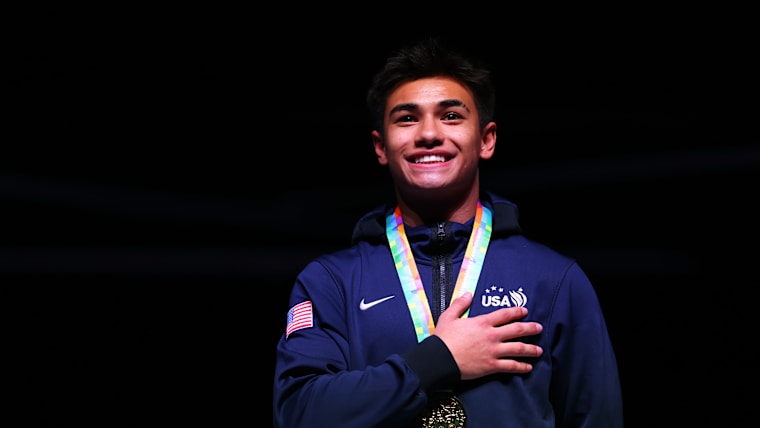 Ruben Padilla of USA celebrates after winning the gold medal in the DMT at the FIG Trampoline Gymnastics World Championships 2023