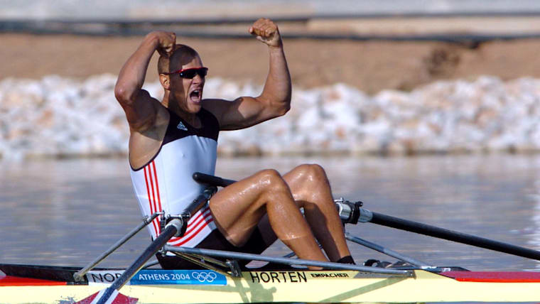Olaf Tufte (NOR) celebrates winning gold at the Olympic Games Athens 2004