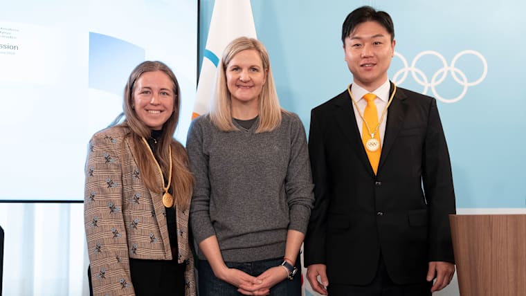 IOC member Johanna Talihärm, IOC President Kirsty Coventry, IOC member Yunjong Won 