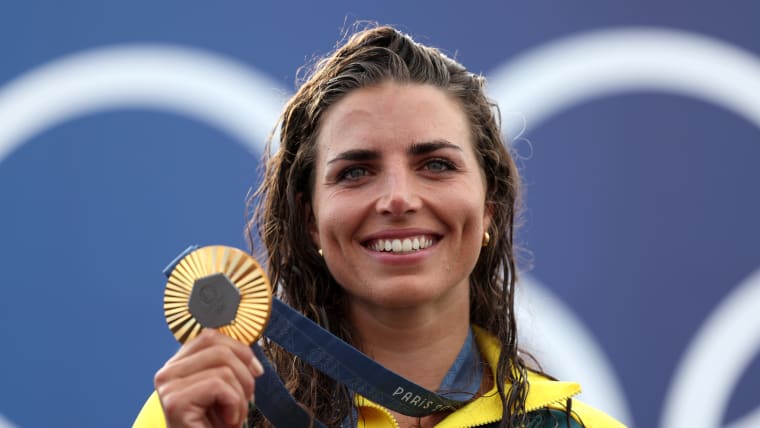 Gold Medalist Jessica Fox of Team Australia poses on the podium during the Canoe Slalom medal ceremony 