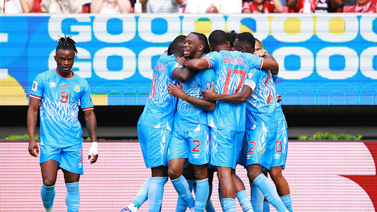 Axel Tuanzebe (DRC) celebrates after scoring his team's first goal at the FIFA World Cup 2026 Play-Off tournament