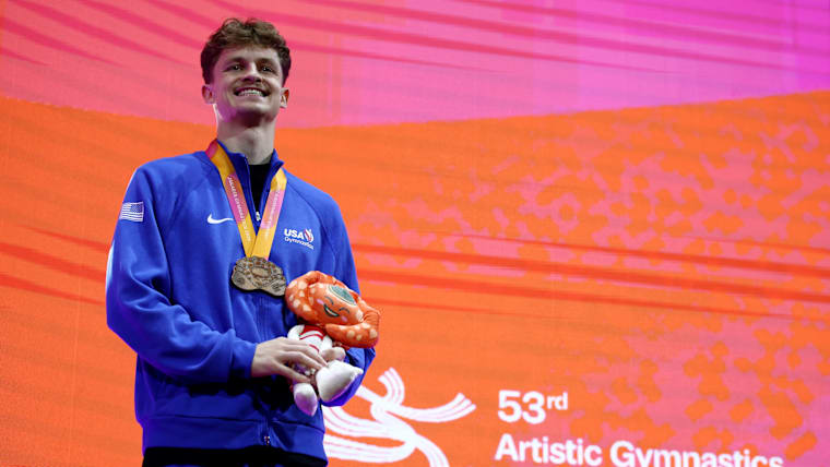 Bronze medalist Patrick Hoopes of Team United States poses