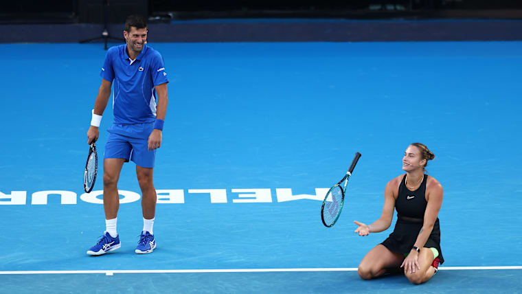  Aryna Sabalenka of Belarus (R) and Novak Djokovic of Serbia 