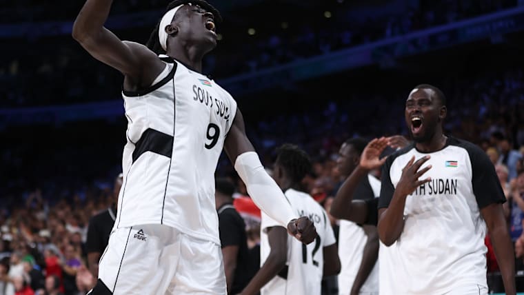Wenyen Gabriel celebrates South Sudan's victory over Puerto Rico at the Paris 2024 Olympic Games.