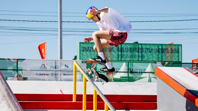 Ginwoo Onodera in his golden 2026 World Skate Games in the men's street skateboarding event.