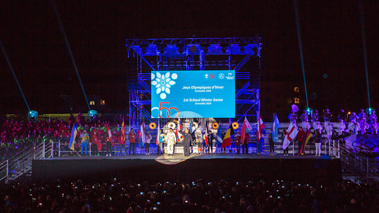 Opening ceremony of the ISF 1st School Winter Game held for the 50th Anniversary of Grenoble 1968 at the Palais des Sports (or “Le Stade Olympique de Glace”), Feb. 5, 2018.